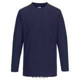 Navy Blue Portwest Long Sleeve T-Shirt Cotton Work Tee Shirt -B196 Active-Workwear A long-sleeved version of the best selling B195 this t-shirt provides outstanding value. It is ideal for both workwear and corporate wear, with the long-sleeves making it an excellent year round option. Available in black and navy, this t-shirt looks great when worn on its own or underneath a sweatshirt. Made from premium 100% cotton to offer unrivalled comfort.