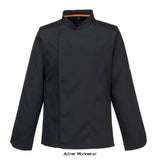 Portwest Stretch Mesh Air Pro Long Sleeve Chefs Jacket-C846 Portwest Active-Workwear This stretch chef jacket uses a lightweight fabric and offers a modern, slimmer silhouette with an ergonomic fit. Features of this jacket include double breasted concealed stud front fastening, apron tab at the back of the neck and large MeshAir Pro panels at the back and underarms for outstanding breathability. 