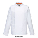 White Portwest Stretch Mesh Air Pro Long Sleeve Chefs Jacket-C846 Portwest Active-Workwear This stretch chef jacket uses a lightweight fabric and offers a modern, slimmer silhouette with an ergonomic fit. Features of this jacket include double breasted concealed stud front fastening, apron tab at the back of the neck and large MeshAir Pro panels at the back and underarms for outstanding breathability. 