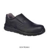 Portwest Vegan Composite lite Slip On Safety Trainer Shoe-FD62 safety trainers PortWest Active Workwear This metal free Mircofibre slip on safety trainer offers an antimicrobial lining, footbed and a wipe clean upper. The slip-on silhouette aids an easy clean surface, reducing the possibility of contamination. Perfect for food, pharmaceutical, catering and hospitality industries.