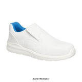 White Portwest Vegan Composite lite Slip On Safety Trainer Shoe-FD62 safety trainers PortWest Active Workwear This metal free Mircofibre slip on safety trainer offers an antimicrobial lining, footbed and a wipe clean upper. The slip-on silhouette aids an easy clean surface, reducing the possibility of contamination. Perfect for food, pharmaceutical, catering and hospitality industries.