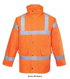 Orange Portwest Waterproof Hi-Vis Traffic Jacket - S460 Hi Vis Jackets Active-Workwear this fully certified Hi Viz waterproof jacket is a popular option across many industries. Hard-wearing functional and packed full of features including a drawstring hood studded storm flap and multiple storage pockets.
