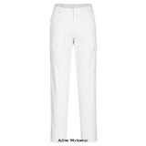 White Women's Slim Fit Stretch Cargo Ladies Trouser-S233 Trousers PortWest Active Workwear This women's slim fit stretch cargo is the perfect uniform solution. It offers a contemporary slim fit in a dynamic cotton stretch twill fabric. The stretch fabric gives the ultimate in comfort and freedom of movement. Features include side pockets, a rear buttoned jetted pocket and a hook and bar waist fastening. Highly durable with twin stitching throughout and bar-tacked at all stress points.