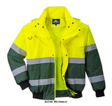 Portwest X Yellow/Green Hi-Vis Convertible Bomber Jacket /bodywarmer- C565 Hi Vis Jackets Active-Workwear | Versatile and comfortable protection against all weather conditions. The detachable fur lining and collar in combination with the zip-out sleeves, prove this is a superbly adaptable garment. Numerous zipped outer and interior pockets afford excellent personal security. CE certified Waterproof with taped seams