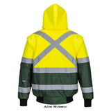 yellow/green Portwest X Yellow/Green Hi-Vis Convertible Bomber Jacket /bodywarmer- C565 Hi Vis Jackets Active-Workwear | Versatile and comfortable protection against all weather conditions. The detachable fur lining and collar in combination with the zip-out sleeves, prove this is a superbly adaptable garment. Numerous zipped outer and interior pockets afford excellent personal security. CE certified Waterproof