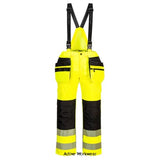 Yellow PW3 Hi-Vis Rain Trousers-Bib and Brace salopette Portwest PW356 Active-Workwear Premium bib and brace made from durable 300D Oxford polyester fabric. The zip off feature at the back allows to transform the bib and brace to a trouser, adding to its overall versatility. Following the contemporary PW3 signature design, this garment has top loading kneepad pockets, secure zipped storage pockets, rule pocket and detachable holster pockets.