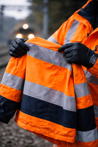 Railway worker inspecting fluorescent orange rail-spec hi-vis jacket for fading and reflective tape damage before a shift