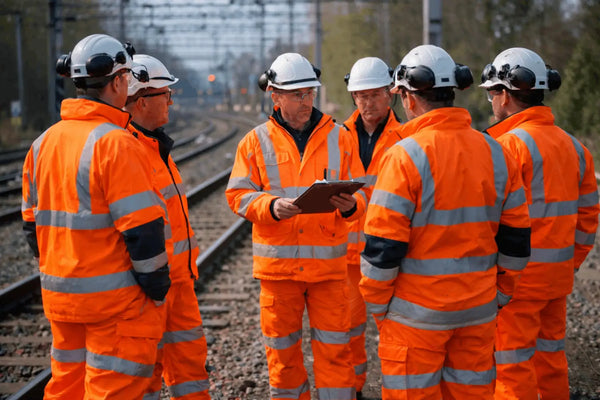 UK railway workers wearing RIS-3279-TOM compliant high-visibility orange workwear during a trackside safety briefing