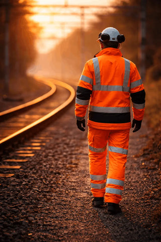 Railway worker in fluorescent orange rail-spec hi-vis walking away from tracks at the end of a shift under sunset light