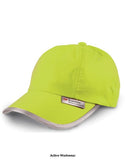 Yellow Result Headwear Hi-Vis Baseball Cap-RC35 Hats Caps & Gloves Active-Workwear| Fluorescent PVC coated 4oz nylon 100% Cotton lining 6 panel Low profile Pre-curved peak with 6 stitched lines 3M™ label sewn to cap Stitched eyelets Easy tear release reflective size adjuster Unsupported front panels- suitable for embroidery & print