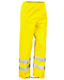 Yellow Result Safeguard Hi Vis Class 1 Waterproof Over Trousers-R22X Hi Vis Trousers Active-Workwear EN ISO 20471:2013, Class 1 approved Conforms to 89/686/EEC, Waterproof, windproof Taped seams No outside leg seam  Elasticated waist with drawcord adjuster 2 side access pockets and 1 back key pocket 50mm sewn on tapes incorporating 3M reflective materials Stud closing ankle adjusters