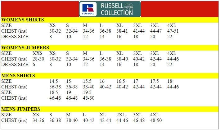 Russell Collection Size Chart Active Workwear