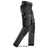 Grey Black Snickers AllroundWork 4-way Stretch Softshell Trousers Holster Pockets-6275 Trousers Snickers Active-Workwear Full-stretch trousers that feature windproof softshell material and thin, elastic panels a combination that provides wind protection, freedom of movement and efficient ventilation. Stretch CORDURA® knees offer added durability and combines with pre-bent legs to ensure optimal fit.