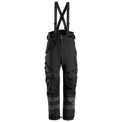 Snickers AllroundWork Waterproof 2-layer Padded Trouser Salopette- 6620 Trousers Snickers Active-Workwear Warm and waterproof padded trousers with taped seams designed for work in cold and wet winter environments. Fully taped seams. 37.5 polyester padding. CORDURA® reinforcement at knees. KneeGuard® Pro system certified according to EN 14404. Heat-sealed reflective tape in dark grey for visibility.
