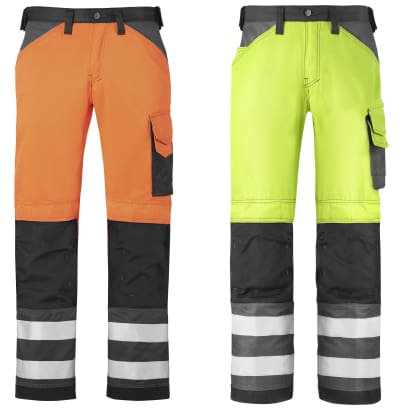 Snickers high visibility 3 series work trousers with kneepad pockets - class 2