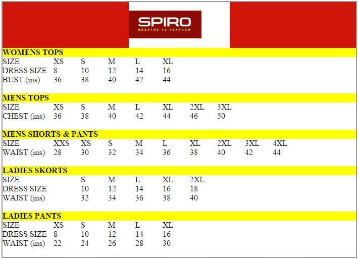 Spiro Size Chart