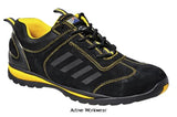 Steelite Lusum Safety work Trainer shoe steel toe cap and steel midsole  - FW34 Shoes Active-Workwear Low profile safety trainer with eye catching two tone colouring. Heat resistant rubber outsole with steel toecap and midsole. CE certified Protective steel toecap Steel midsole Anti-static footwear Energy Absorbing Seat Region SRA - Slip resistant outsole to prevent slips and trips on ceramic surfaces Heat resistant outsole - 300Â°C Fuel and oil resistant outsole