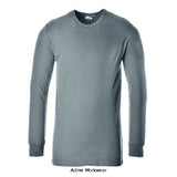 Grey Thermal Base layer T-Shirt Long Sleeve XS to 5XL Portwest B123 Underwear & Thermals Active-Workwear A long sleeve t-shirt cut that offers optimum warmth at all times. The material construction allows the skin to breathe if conditions become too warm. The round neck makes it ideal for wearing as an under-garment 