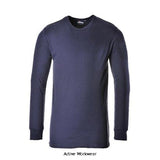 Navy Thermal Base layer T-Shirt Long Sleeve XS to 5XL Portwest B123 Underwear & Thermals Active-Workwear A long sleeve t-shirt cut that offers optimum warmth at all times. The material construction allows the skin to breathe if conditions become too warm. The round neck makes it ideal for wearing as an under-garment 
