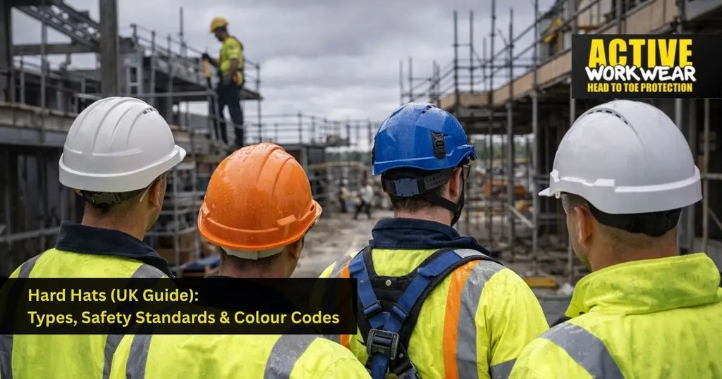 UK construction workers wearing different hard hat types including cap style, full brim, chin strap helmet and non-vented helmet on site