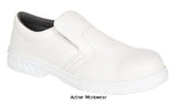 White Vegan Friendly Microfibre Slip On Safety Shoe  S2 Care Home staff- FW81 Catering & Hospitality Active-Workwear Outstanding slip-on style ideal for medical and food industries. The easy to clean microfibre upper is practical safe and durable. Steel toecap and excellent slip resistance. 