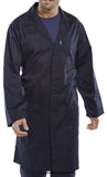 Navy Warehouse Coat With Pockets And Vent Traditional Warehouse coat Beeswift  - Pcwc Workwear Jackets & Fleeces Active-Workwear traditional warehouse coat 65% polyester,35% cotton, Concealed stud front. 1 breast pocket. 2 lower pockets. Rear vents. 