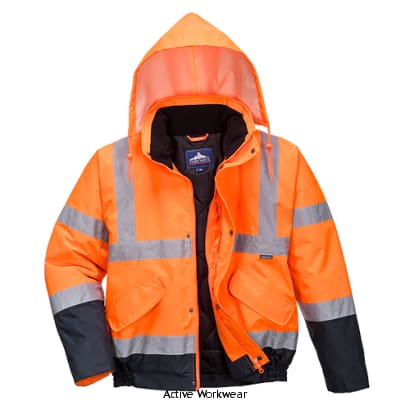 Orange Waterproof Hi-Vis 2-Tone Padded Bomber Jacket RIS 3279 Portwest S266 Hi Vis Jackets Active-Workwear Portwest waterproof High Visibility Bomber Jacket is fully certified, This two-tone Hi Vis bomber style jacket is a strong performer in the  Portwest Hi-Vis range. The quilted lining provides warmth and comfort whilst the waterproof taped seams ensure 100% dryness. CE certified Waterproof with taped seams preventing water penetration Fully lined and padded 