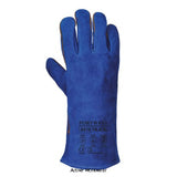 Welders Protective Blue 14" Leather Gauntlet Glove Portwest A510 Gloves Active-Workwear Tough 14" split leather gauntlet providing protection against a range of heat related tasks. Ideal for welding, metal handling etc. Features CE certified Maximum EN407 burn behaviour resistance Ideal for welding and metal handling 14 inch cow split leather gauntlet Fully lined with soft and comfortable cotto