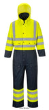 Yellow black Winter Hi Viz Waterproof Contrast Coverall Lined/padded Portwest S485 RIS 3279 Boilersuits & Onepieces Active-Workwear A high visibility garment designed to be completely practical and safe, the Contrast Coverall protects the body against wet conditions whilst ensuring safety. The quilted liner gives extra warmth. Features CE certified Waterproof with taped seams preventing water penetration Reflective tape for increased visibility Quilt lined for thermal insulation