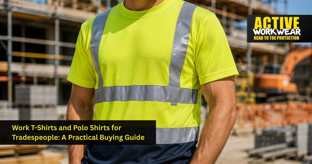 Tradesperson wearing a hi vis polo shirt on a construction site in summer