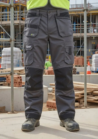 Grey holster pocket work trousers with reinforced knee panels on a construction site