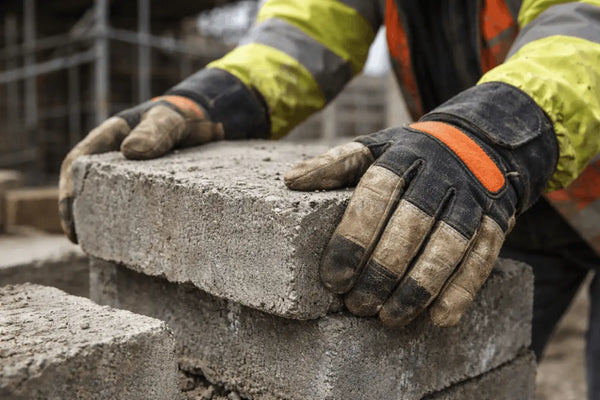 construction worker hands wearing heavy duty work gloves lifting rough construction materials