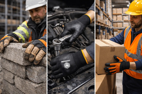 construction mechanic and warehouse workers wearing protective work gloves while working