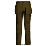 Olive WX2 Stretch Holster Pocket Work Trousers-Portwest Eco Recyled CD883 Portwest Active-Workwear A durable cotton polyester blend fabric allows for both high performance maximum range working, as well as comfort. Stretch panelling allows for ease of movement. Clever features include multi-functional holster pockets, top loading kneepad pockets and an easy access multi-way thigh pocket for secure storage of phone, keys and tools.