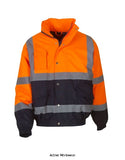 Orange Yoko Hi Vis 2 Tone Bomber Jacket Waterproof -HVP218 Hi Vis Waterproofs Active-Workwear Conforms to EN ISO471:2013 Class 3 & EN343 against foul weather. Waterproof Oxford PU coated Polyester outer fabric. Navy contrast helps to provide a corporate image whilst disguising dirt around the hem and cuff areas. Quilted Nylon lining with 190g. Polyester wadding. Heavy duty zip front with studded storm flap. Navy elastication at cuffs and hem