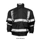 Black Hi-Vis Foul Weather Bomber Jacket Security -HVP211 Hi Vis Jackets Active-Workwear Conforms to EN ISO EN20471:2013 Class 3 & EN343 against foul weather Made of 300D PU Coated Polyester Heavy duty zip with studded storm flap 2 outer pockets with over flaps Matching colour self-fabric elastication at cuffs and hem Diamond quilted Nylon lining with 190g Polyester padding Inside patch pocket