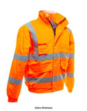 Orange Bomber Yoko Hi-Vis Foul Weather Bomber Jacket Security -HVP211 Hi Vis Jackets Active-Workwear Conforms to EN ISO EN20471:2013 Class 3 & EN343 against foul weather Made of 300D PU Coated Polyester Heavy duty zip with studded storm flap 2 outer pockets with over flaps Matching colour self-fabric elastication at cuffs and hem 