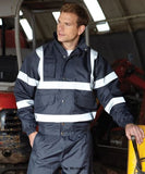 Blue Yoko Hi-Vis Foul Weather Bomber Jacket Security -HVP211 Hi Vis Jackets Active-Workwear Conforms to EN ISO EN20471:2013 Class 3 & EN343 against foul weather Made of 300D PU Coated Polyester Heavy duty zip with studded storm flap 2 outer pockets with over flaps Matching colour self-fabric elastication at cuffs and hem Diamond quilted Nylon lining with 190g Polyester padding Inside patch pocket
