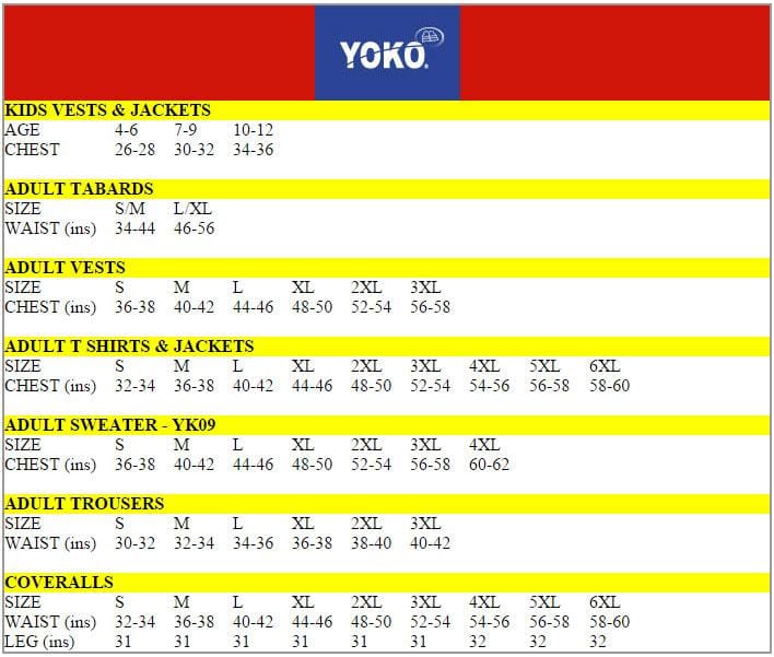 Yoko Size Chart