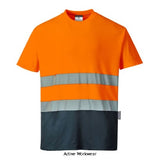 Orange Blue 2-Tone Hi Viz Cotton Comfort Crew Neck T-Shirt RIS3279 Portwest S173 Hi Vis Tops Active-Workwear Our ever popular Portwest high visibility tee shirt has been redesigned to deliver a stylish two tone version. This t-shirt combines the benefits of high comfort, easy care fabric along with additional practical colour blocking. Breathable fabric to draw moisture away from the body keeping the wearer cool, dry and comfortable