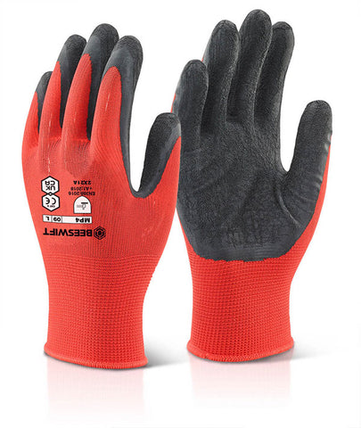 Multi Purpose builders Grip Black/Red Latex Work Gloves (Pack Of 100) - Beeswift Mp4 Multi-purpose Work gloves builders grip glove. 35% polyester +65% Latex, Multi-purpose glove. Polyester knitted base for comfort. Natural latex rubber coating to palm and fingers. Open back to help hand breath and limit moisture. EN388: 2016, Level 2 - Abrasion, Level X - Cut Resistance, Level 2 - Tear Resistance, Level 1 - Puncture, Level A - ISO 13997 Cut Resistance
