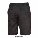 Black Action Work Shorts multi pockets Elasticated waist Portwest S889 Workwear Shorts & Pirate Trousers Active-Workwear These popular shorts offer multiple storage space and are twin-stitched at the seams for added strength. The waistband is elasticated at the back for freedom of movement. 