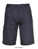 Navy Action Work Shorts multi pockets Elasticated waist Portwest S889 Workwear Shorts & Pirate Trousers Active-Workwear These popular shorts offer multiple storage space and are twin-stitched at the seams for added strength. The waistband is elasticated at the back for freedom of movement. 