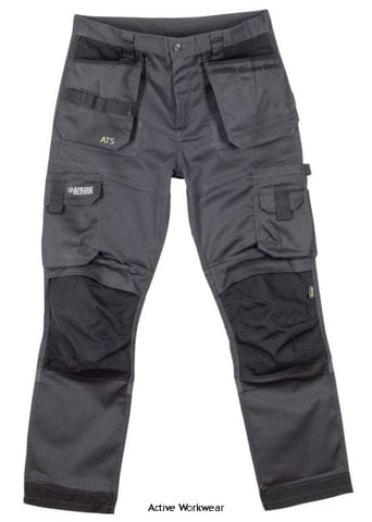 Apache ATS 3D Stretch Tapered leg Workwear Trouser holster kneepad pockets Active-Workwear A lightweight stretchy work trouser from Apache Workwear featuring Cordura holster pockets and knee pad pockets. This trouser has a modern tapered fit leg and the fabric has 4 way comfort stretch. Side cargo pocket and padded phone pocket to opposite leg. Triple stitched in key areas. Low rise comfort waist. Tunnel belt loop and YKK zip. A good all-round tradesman WORK trouser with kneepad pockets Apache ATS