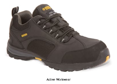 Apache Black Leather/Mesh Safety Trainer. Steel Toe Cap Midsole-AP318SM Trainers Active-Workwear Trainers Black leather/mesh safety trainer, Padded collar and tongue, Scuff trim, Steel toe cap and mid-sole, Rubber sole, chemical resistant sole, Oil resistant sole, Shock