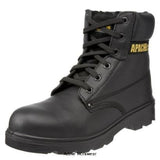 Black Apache S3 Water Resistant Safety Boots steel toe and Midsole Unisex Sizes 3-14. AP300 Boots Active-Workwear Black leather 6i nch water resistant boot, Steel toe cap and mid-sole, Extended size range, Padded collar and tongue, PU dual density sole unit, Chemical resistant sole , Oil resistant sole, Shock absorption sole, Anti Static. Safety Rating S3 Slip Rating SRA Size Range 3 to 14