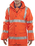 B-Dri Hi Vis Waterproof & Breathable Hooded Jacket En471 (Go/Rt 3279) - Beeswift Puj Hi Vis Jackets Active-Workwear Breathable fabric. Polyester with PU coating Concealed hood. Full zip front with double storm flap. Self double yoke back. Lower pockets with flap. Elasticated storm cuffs. Stitched and welded seams. Reflective material. EN ISO20471 Class 3 High Visibility EN343 Class 3 Resistance to Water Penetration Class 2 Air Permeability RIS-3279-TOM Railway use certified.