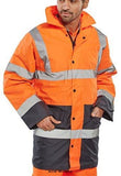 Orange Navy Beeswift Hi Vis Two Tone Heavyweight Traffic Jacket Lined Waterproof Sml to 5XL- Tjstt Hi Vis Jackets Active-Workwear Heavyweight PU coated polyester. Quilted lining with polyester filling. Concealed hood. Two-way heavy duty zip front. 2 lower pockets. 1 inside pocket. Knitted storm cuffs. Fully taped seams. Retro-Reflective Tape. EN ISO 20471Class 3 High Visibility EN 343 Class 3 resistance to Water Penetration Class 1 Air Permeability
