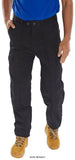 Black Beeswift Budget Cargo Work Trousers With Knee Pad Pockets and sewn in Crease - Pcthw Kneepad Trousers Active-Workwear 235gsm Poly Cotton Zip fly with hook/bar and button fastening Belt loops 2 Swing hip pockets 2 Cargo pockets 2 Rear pockets with stud flap Sewn in crease Knee pad pockets Also Available in tall fit (T) and short (S)