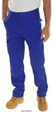 Royal Blue Beeswift Budget Cargo Work Trousers With Knee Pad Pockets and sewn in Crease - Pcthw Kneepad Trousers Active-Workwear 235gsm Poly Cotton Zip fly with hook/bar and button fastening Belt loops 2 Swing hip pockets 2 Cargo pockets 2 Rear pockets with stud flap Sewn in crease Knee pad pockets Also Available in tall fit (T) and short (S)